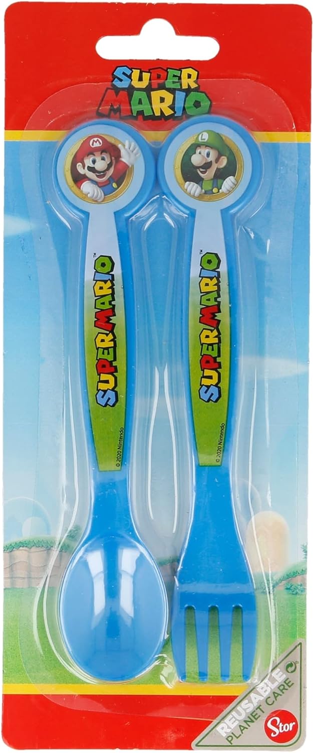 Set Posate Super Mario Bros 2 pezzi per bambini riutilizzabili in plastica composta da forchetta e cucchiaio - immagine 3