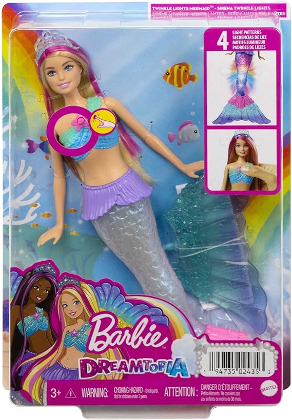 Barbie-Dreamtopia Sirena Luci Scintillanti Bambola Bionda con Coda che si Illumina, Luci che si Attivano con Acqua e Capelli con Ciocche Rosa, Giocattolo per Bambini 3+ Anni