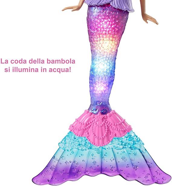 Barbie-Dreamtopia Sirena Luci Scintillanti Bambola Bionda con Coda che si Illumina, Luci che si Attivano con Acqua e Capelli con Ciocche Rosa, Giocattolo per Bambini 3+ Anni - immagine 5