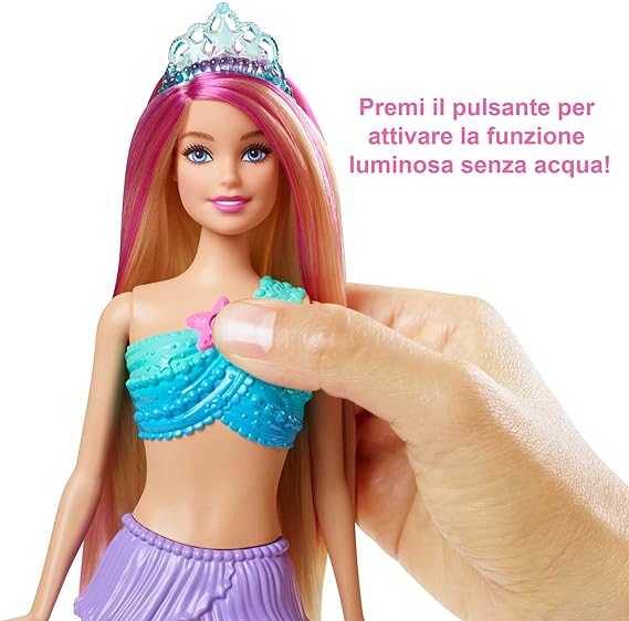 Barbie-Dreamtopia Sirena Luci Scintillanti Bambola Bionda con Coda che si Illumina, Luci che si Attivano con Acqua e Capelli con Ciocche Rosa, Giocattolo per Bambini 3+ Anni - immagine 4