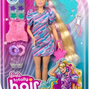 Barbie – Super Chioma Bambola con abito a stelle, capelli fantasia lunghi 21,6cm, abito, 15 accessori alla moda – 8 con effetto cambia colore, Giocattolo per Bambini 3+ Anni