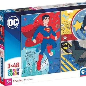 Clementoni- Puzzle DC Comics 3x48pzs Supercolor Comics-3×48 (Include 3 48 Pezzi) -Made in Italy, Bambini 4 Anni, Cartoni Animati, Multicolore